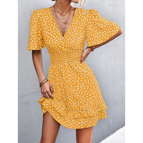 Beach Boho Maui - Printed Smocked Waist Layered Surplice Dress - Mustard - Picture 1 of 6